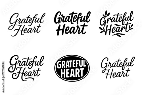 Grateful Heart Lettering. Grateful Heart. Set lettering. harmonious lettering variations of the same emblematic concept (Elegant script with flowing curves,