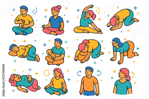 Colorful Relaxation Icons. Relaxation moves. Colorful isometric vector icons set of Relaxation moves: deep breathing, meditation, seated stretch, child pose,