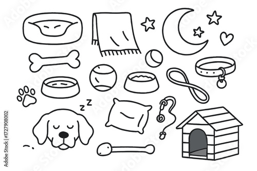 Dog's Nighttime Essentials. Hand-drawn doodle illustration dogs nighttime routine dog bed, blanket, chew bone, toy ball, water bowl, food dish, leash, collar,