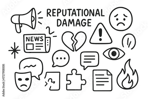 Reputational Damage Icons. Hand-drawn doodle illustration Reputational damage megaphone, warning sign, exclamation mark, sad face, broken heart, message icon,