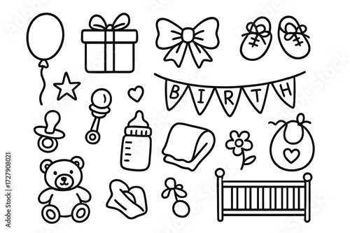 Baby Celebration Doodle. Hand-drawn doodle illustration Birth celebration balloon, gift box, bow, baby shoes, pacifier, bottle, blanket, heart, rattle, teddy