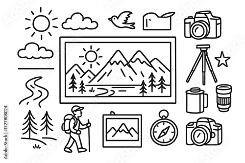 Mountain Adventure Doodles. Hand-drawn doodle illustration mountain panoramic photography mountain peaks, sun, clouds, trees, river, bird, camera, tripod,