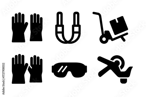 Handling Tools Icons. Solid, filled icon set of careful handling tools: gloves, lifting straps, pallet jack, hand truck, protective gloves, safety goggles, box