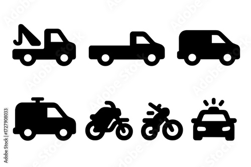 Repo Vehicles Icons. Solid, filled icon set of repo vehicles: tow truck, flatbed truck, pickup truck, van, recovery vehicle, police car, motorcycle, car with