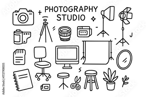 Photography Studio Doodles. Hand-drawn doodle illustration Photography Studio [camera, tripod, softbox, spotlight, backdrop, lens, film roll, memory card,