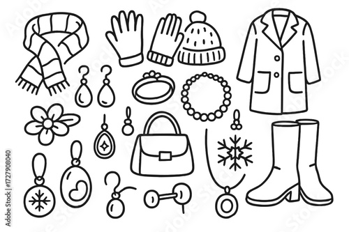 Winter Jewelry Doodle. Hand-drawn doodle illustration Jewelry with winter coats [scarf, gloves, wool hat, overcoat, boots, pearl earrings, ring, necklace,