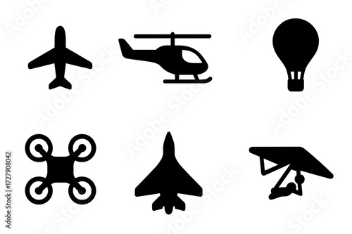 Flight Vehicle Icons. Solid, filled icon set of flight vehicles: airplane, helicopter, glider, hot air balloon, drone, jet, biplane, hang glider. Solid, filled