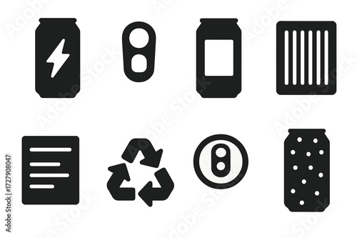 Energy Drink Icons. Solid, filled icon set of energy drink packaging: aluminum can, pull tab, label design, barcode, nutrition facts, recyclable symbol, sealed