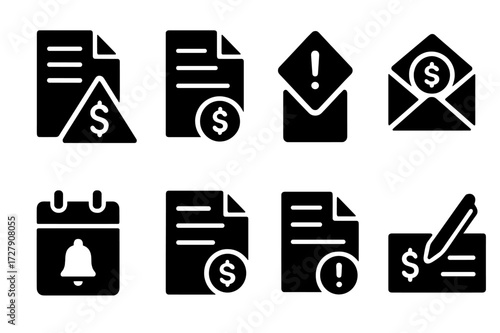Unpaid Concepts Icons. Solid, filled icon set of unpaid concepts: overdue invoice, unpaid bill, late payment, debt notice, warning letter, unpaid wages,