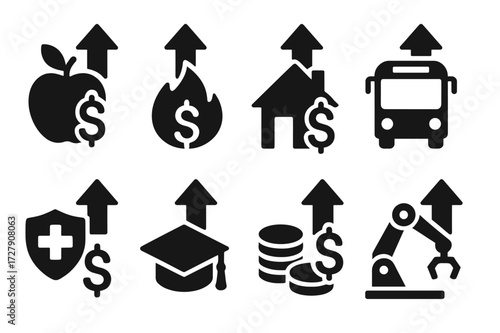 Inflation Economic Icons. Solid, filled icon set of inflation economic sectors: food prices, energy costs, housing market, transportation,