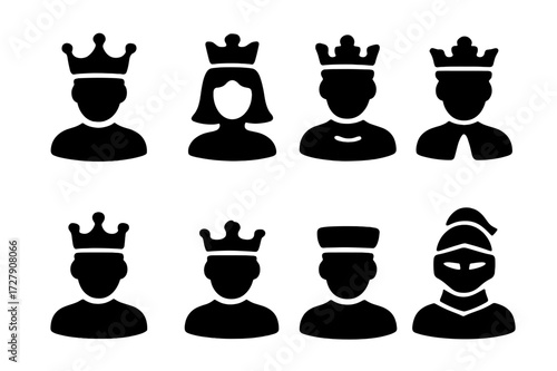 Noble Rank Icons. Solid, filled icon set of noble ranks: king, queen, duke, marquis, count, viscount, baron, knight. Solid, filled icons in only black color.