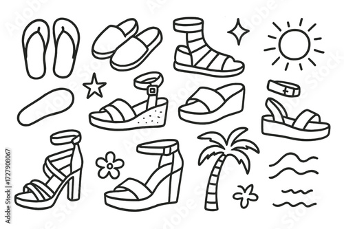 Summer Footwear Doodle. Hand-drawn doodle illustration Summer Footwear [flip flops, espadrilles, gladiator sandals, wedge sandal, slide sandal, strappy sandal,
