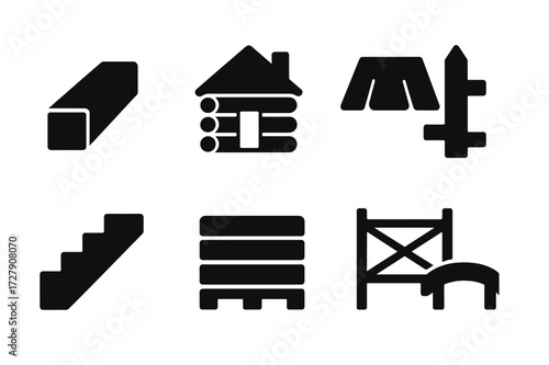 Wood Construction Icons. Solid, filled icon set of wood construction: timber beam, log cabin, wooden roof, fence post, wooden stairs, pallet, scaffolding,
