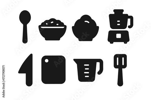 Bean Dip Utensil Icons. Solid, filled icon set of bean dip utensils: spoon, serving bowl, mixing bowl, food processor, knife, chopping board, measuring cup,