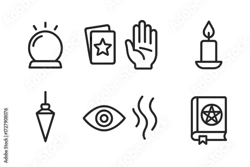 Fortune Teller Tools Icons. Outline icon set of fortune teller tools: crystal sphere, tarot cards, palm hand, candle flame, pendulum swing, mystic eye, smoke