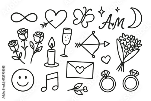 Romantic Doodle Collection. Hand-drawn doodle illustration Romantic Symbols infinity sign, heart with arrow, intertwined initials, butterfly, star sparkles,