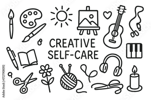 Creative Self-Care Icons. Hand-drawn doodle illustration Creative self-care [paintbrush, palette, canvas, guitar, piano keys, book, pen, knitting needles, yarn