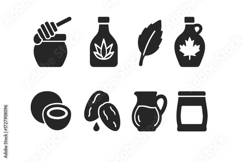 Sugar Alternatives Icons. Solid, filled icon set of sugar alternatives: honey jar, agave syrup, stevia leaf, maple syrup, coconut sugar, date syrup, molasses,