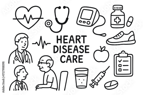 Heart Health Icons. Hand-drawn doodle illustration Heart disease care Heart, stethoscope, blood pressure monitor, medicine bottle, pill, exercise shoe, apple,