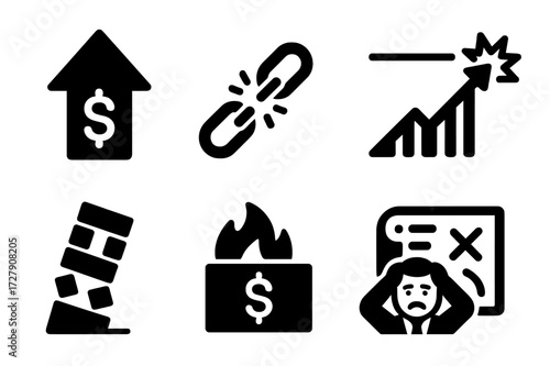 Unsustainable Growth Icons. Solid, filled icon set of unsustainable growth: rising costs, broken chains, stretched resources, exploding chart, collapsed tower,