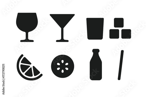 Gin Serving Icons. Solid, filled icon set of gin serving styles: gin glass, cocktail glass, rocks glass, ice cubes, lemon wedge, cucumber slice, tonic bottle,