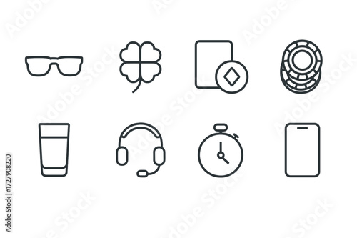 Blackjack Player Icons. Outline icon set of blackjack player accessories: sunglasses, lucky charm, cards protector, betting chips, drink, headset, timer,