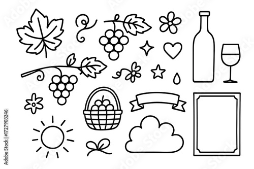 Grapevine Doodle Elements. Hand-drawn doodle illustration Grapevine decor vine leaf, grape cluster, tendril, branch, flower, star, heart, droplet, bottle,