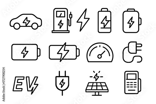 Fast Charging Icons. Fast charging. Line icon set of fast charging: electric car, charging pole, lightning bolt, battery icon, charging indicator, speedometer,