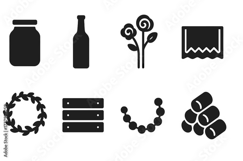 DIY Centerpiece Icons. Solid, filled icon set of DIY centerpieces: mason jar, painted bottle, paper flowers, fabric runner, handmade wreath, wood crate, beaded