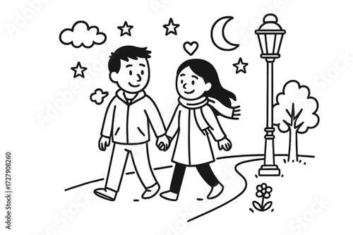 Romantic Stroll Doodles. Hand-drawn doodle illustration [romantic walk holding hands] [couple, hands joined, stars, moon, shoes, path, lamp post, cloud,