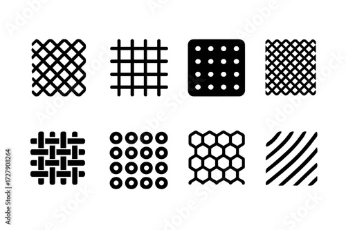 Strainer Icon Collection. Solid, filled icon set of strainer materials and textures: metal mesh, wire grid, perforated plate, fine netting, woven nylon,