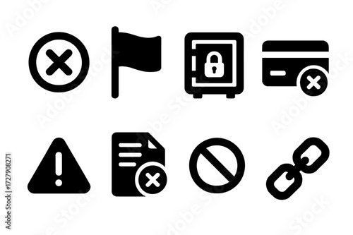 Financial Rejection Icons. Solid, filled icon set of financial rejection: canceled payment, red flag, locked safe, declined credit, warning triangle, overdue