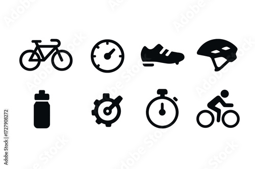 Cycling Icon Set. Solid, filled icon set of cycling pace and gear: bicycle, speedometer, cycling shoes, helmet, water bottle, gear shift, timer, cyclist
