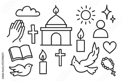 Spiritual Symbols Doodle. Hand-drawn doodle illustration Spiritual gathering temple, praying hands, person icon, candle, cross, flame, star, spark, open book,