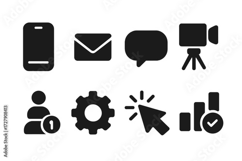 Digital Influence Icons. Solid, filled icon set of digital influence: smartphone, email, comment icon, influencer camera, follower count, algorithm gear,