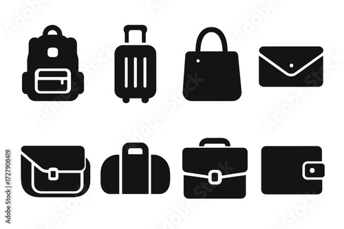 Black Bag Icons. Solid, filled icon set of bags and luggage: backpack, suitcase, tote bag, clutch, messenger bag, duffel bag, briefcase, wallet. Solid, filled