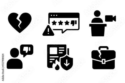 Reputational Risk Icons. Solid, filled icon set of reputational risk: broken reputation, social media alert, negative review, public scandal,
