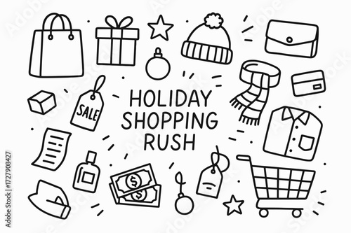 Holiday Shopping Doodle. Hand-drawn doodle illustration Holiday shopping rush [shopping bag, gift box, ribbon, star, ornament, hat, scarf, wallet, credit card,