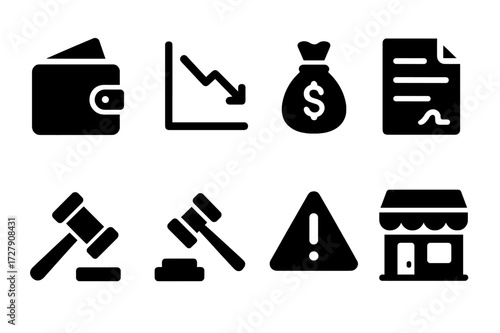 Insolvency Icon Set. Solid, filled icon set of insolvency concepts: empty wallet, falling graph, debt pile, legal document, court gavel, auction hammer,