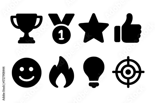 Motivation Icon Set. Solid, filled icon set of recovery motivation: trophy, medal, star, thumbs up, smiley face, fire, light bulb, target. Solid, filled icons
