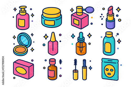 Vibrant Cosmetic Icons. Cosmetic packaging. Colorful isometric vector icons set of Cosmetic packaging: lotion bottle, cream jar, perfume bottle, lipstick tube,