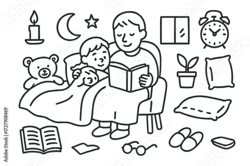 Family Bedtime Doodle. Hand-drawn doodle illustration family bedtime story parent, child, open book, teddy bear, pillow, blanket, star, moon, candle, chair,