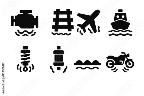 Transportation Vibration Icons. Solid, filled icon set of vibration in transportation: car engine, train tracks, airplane turbulence, ship waves, bike shock