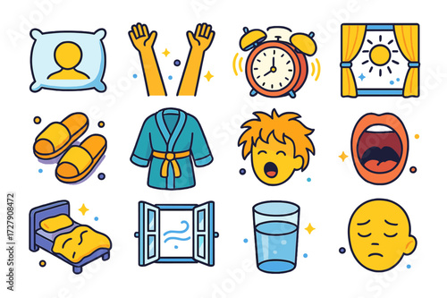 Morning Wake-Up Icons. Colorful isometric vector icons set of waking up moments: pillow with head mark, stretched arms, alarm clock buzz, sunlight through
