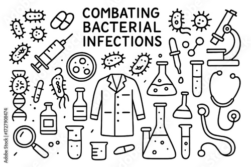 Bacterial Battle Doodles. Hand-drawn doodle illustration Combating bacterial infections Bacteria, capsule, pill, syringe, petri dish, test tube, flask,