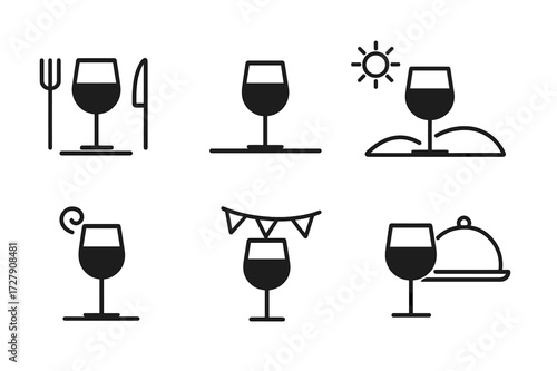 Wine Glass Icons. Solid, filled icon set of wine glass settings: dinner table glass, bar glass, outdoor glass, picnic glass, wine tasting glass, party glass,