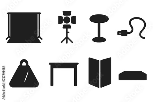 Photo Studio Icons. Solid, filled icon set of photo studio setup: seamless background, light stand, posing stool, tether cable, sandbag, prop table, V-flat,