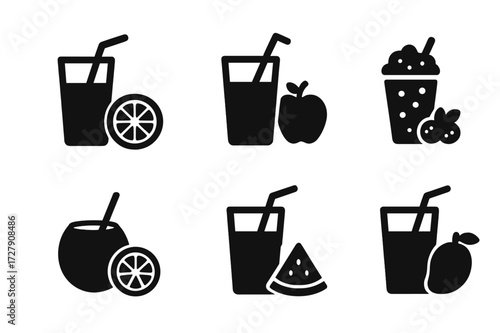 Fruit Drink Icons. Solid, filled icon set of juice and fruit drinks: orange juice, apple juice, pineapple juice, berry smoothie, coconut water, grapefruit