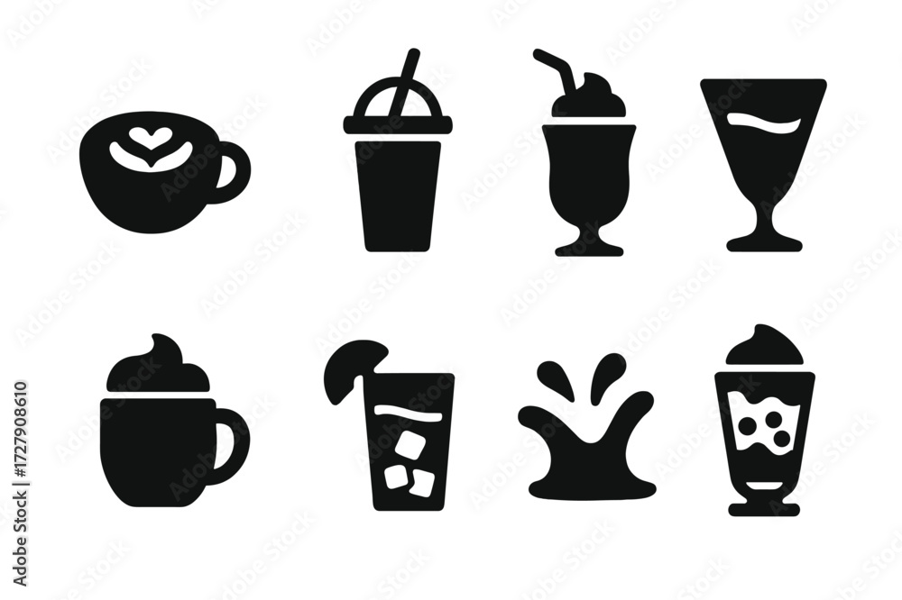 Obraz premium Beverage Icons Grid. Solid, filled icon set of smooth beverages: latte art, smoothie cup, milkshake glass, cocktail swirl, creamy coffee, iced tea, juice