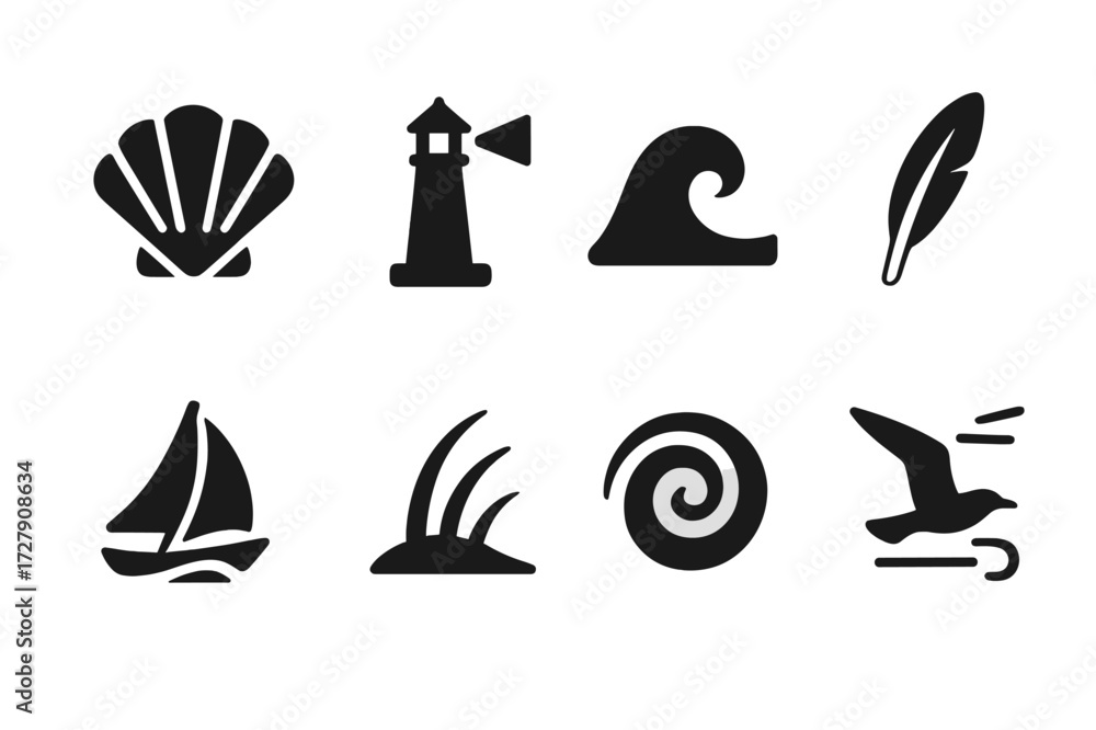 Fototapeta premium Coastal Wind Icons. Solid, filled icon set of coastal wind: sea shell, lighthouse beam, ocean wave, seabird feather, sailboat in gust, dune grass, tide swirl,